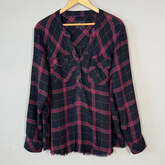 Rails Women's Size XL Linen Blend Popover Over Tartan Tunic Top Raw Hem Casual - Picture 1 of 9